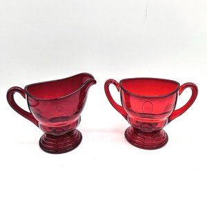 Vintage Art Deco Ruby Red Martinsville Glass Creamer & Sugar Bowl Moon Drops